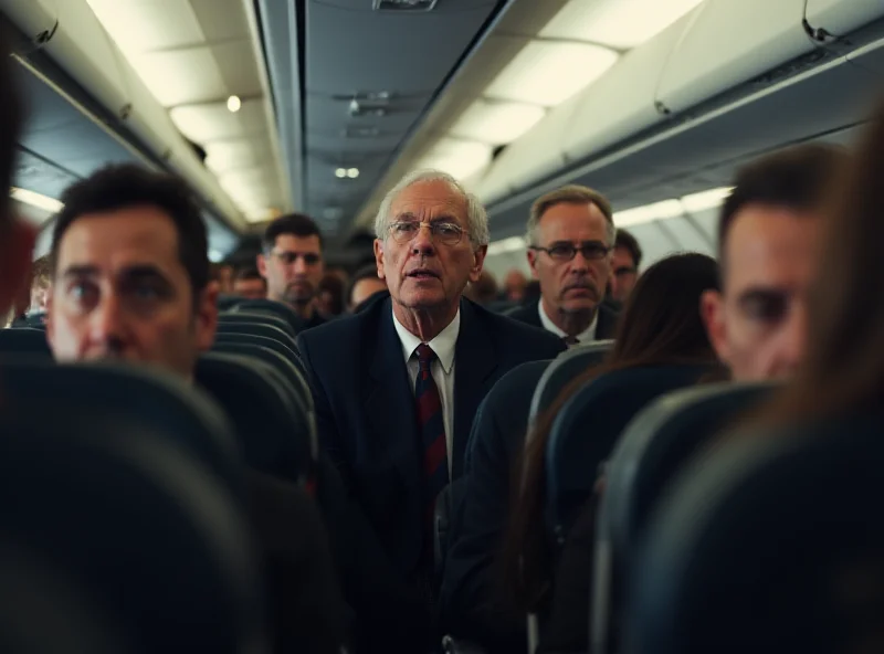 Distressed passengers on an airplane, looking shocked and concerned. The aisle is visible with other passengers seated.