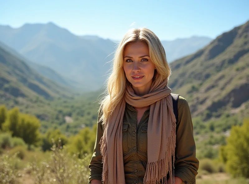 Whitney Wright posing in front of a scenic landscape in Afghanistan, wearing modest clothing, with a blurred background showing mountains and greenery.