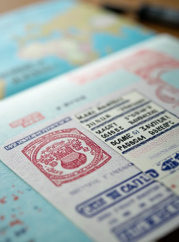 A passport with a UK visa stamp, partially visible, with a blurred background of maps and travel documents.