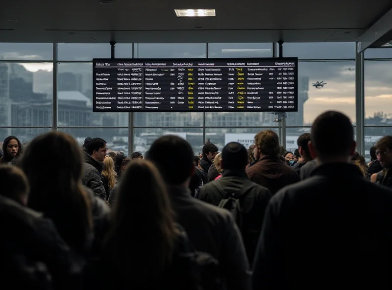 A crowded airport terminal with many people looking frustrated and checking their phones. The flight information board in the background shows numerous cancelled flights.