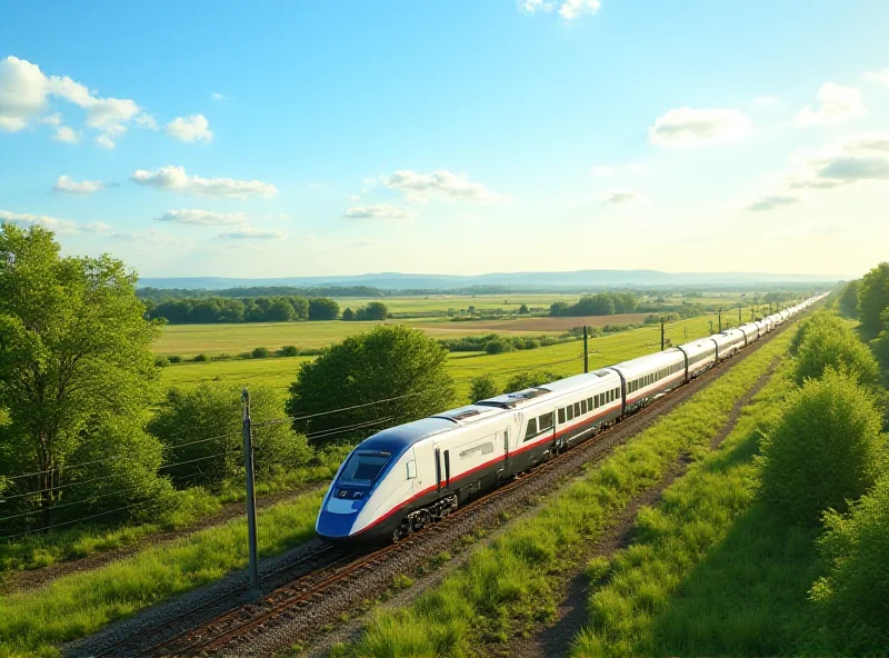 A modern high-speed train speeding through the countryside under a sunny sky. The train is sleek and brightly colored, representing the Deutsche Bahn's new direct connection.