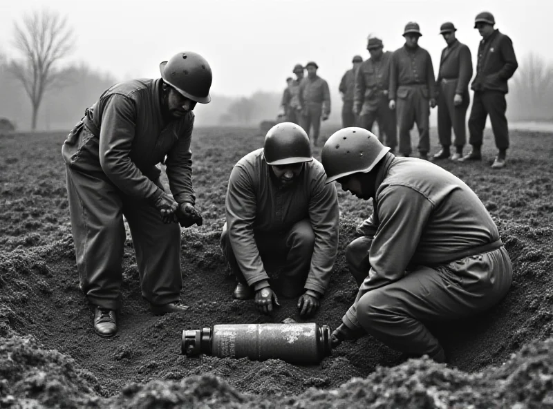 A historical black and white photograph showing bomb disposal experts carefully handling an unexploded bomb during World War II.