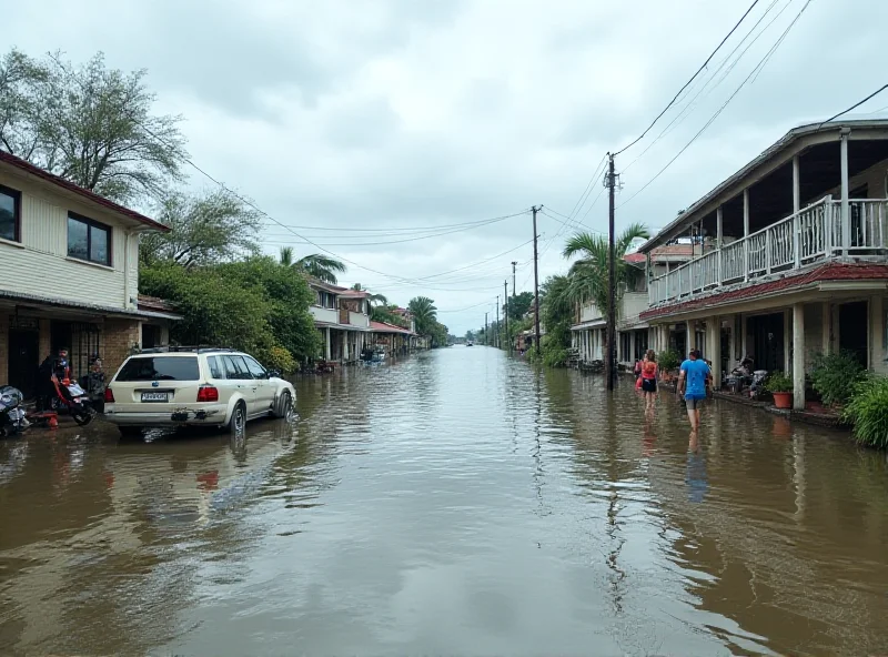 A flooded street in a seaside resort, with water reaching knee level, damaging buildings and vehicles. People are wading through the water, trying to salvage belongings. The sky is overcast and stormy.