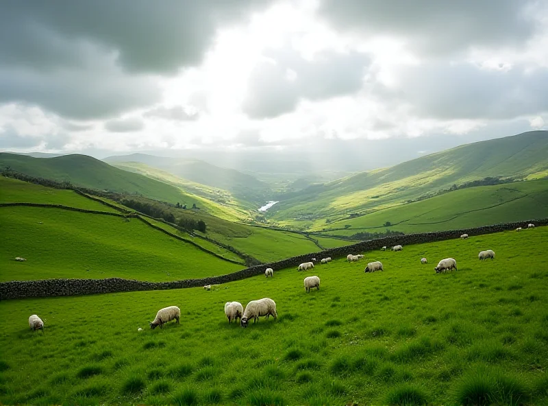 Rolling green hills of Ireland under a dramatic sky.