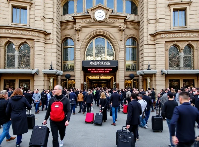 Exterior of the Gare du Nord train station in Paris, with crowds of people milling about.