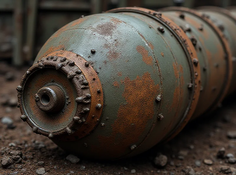 A detailed view of a deactivated World War II bomb, showcasing its size and construction.