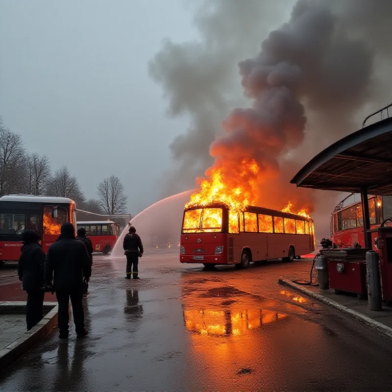 A firetruck extinguishing a bus fire at a bus station, with smoke billowing into the air.