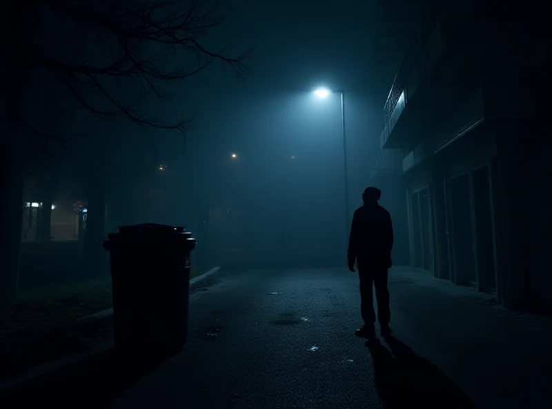 An AI generated image of a somber scene in Majorca at night, showing a silhouette near a large trash bin, with police lights flashing in the background. The scene is dark and foreboding, emphasizing the tragic nature of the event.