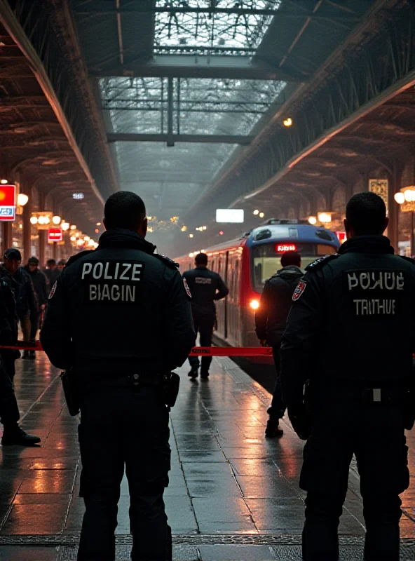 An AI generated image of the Paris Gare du Nord train station, showing a Eurostar train in the background and French police officers cordoning off an area near the tracks. The scene is bustling with activity, but also conveys a sense of urgency and caution.