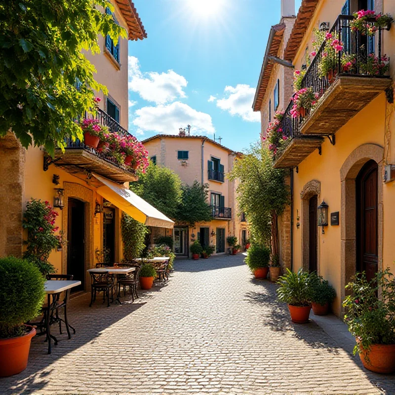 An AI generated image of Alcudia, Spain. The image showcases a charming village with cobblestone streets, traditional Spanish architecture, and lush greenery. The scene is bathed in warm sunlight, highlighting the village's beauty and inviting atmosphere.