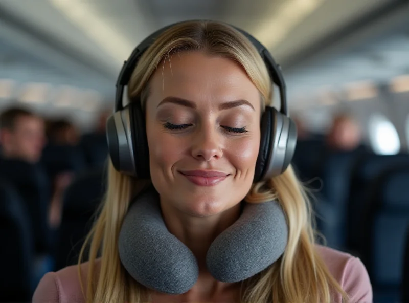 Woman relaxing on a plane with noise-canceling headphones and a travel pillow.