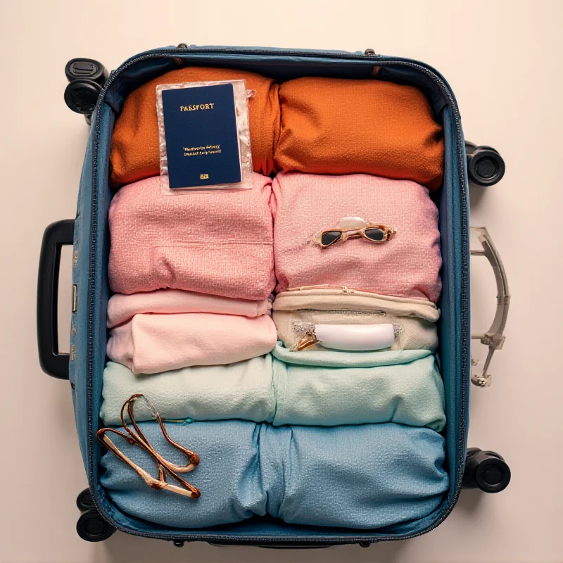 Overhead shot of a neatly packed suitcase with various travel essentials.