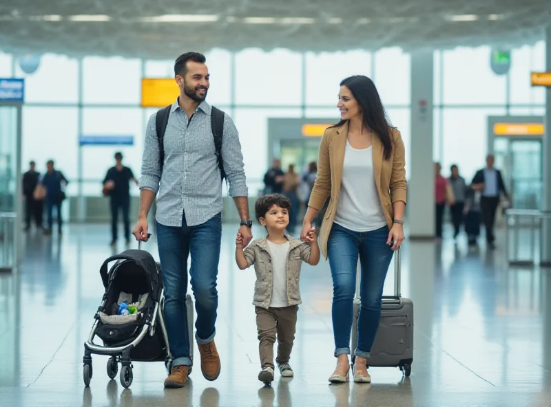 Family pushing a compact travel stroller through an airport.