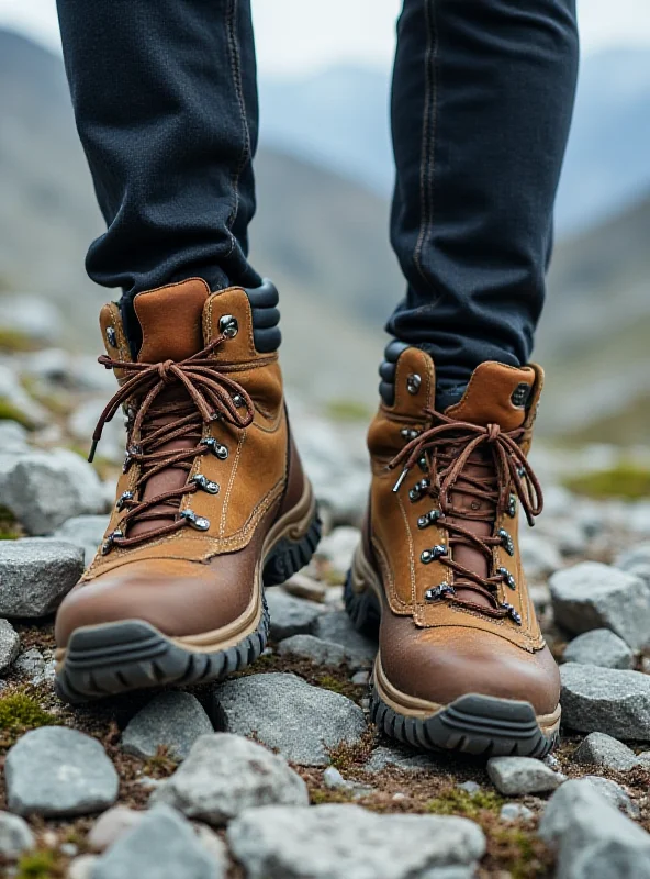 Close up of hiking boots on a rocky trail.