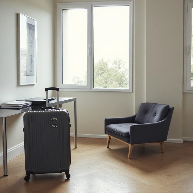 Close-up of Carl Friedrik Carry-On suitcase in a modern hotel room.