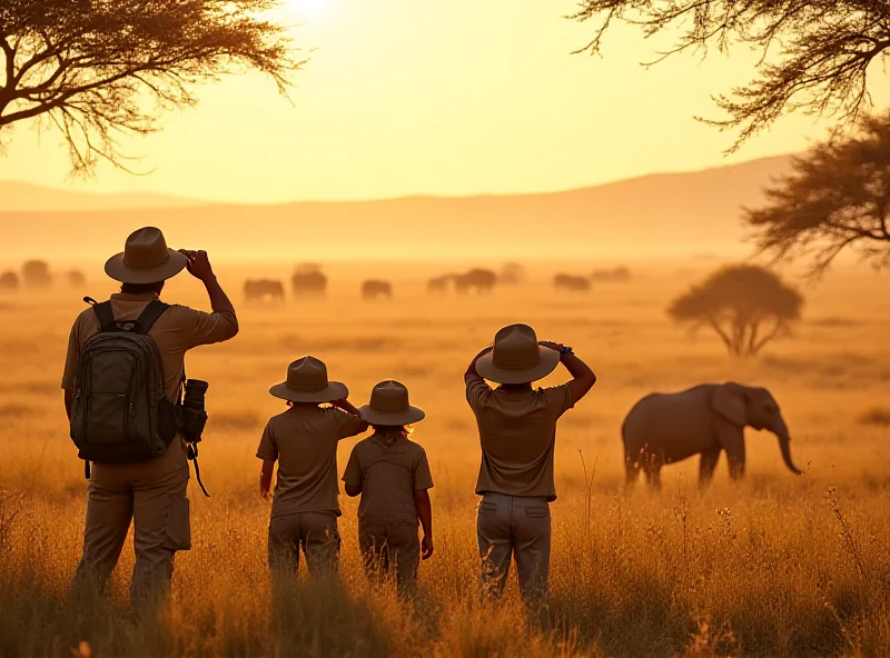 Family on safari in Tanzania, looking at elephants in the distance