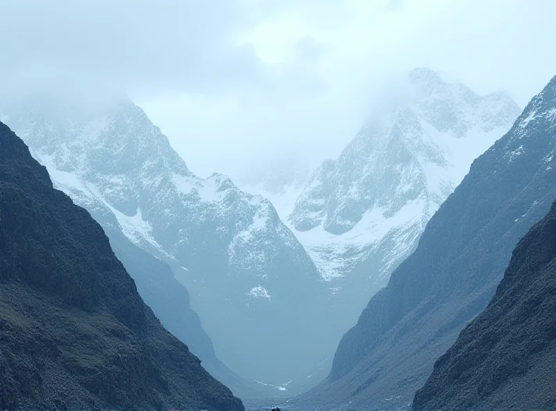 A dramatic landscape of the Himalayas, with snow-capped peaks and a deep valley. A helicopter is seen in the distance, presumably part of a search and rescue operation.