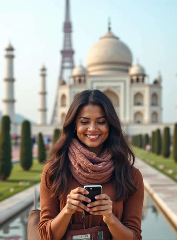 A smiling Indian traveler standing in front of an iconic landmark, perhaps the Eiffel Tower or the Taj Mahal. They are holding a smartphone and a travel document, and look confident and prepared.