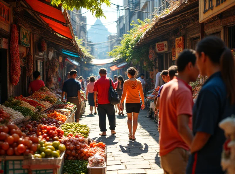 A bustling street market scene in Southeast Asia with colorful stalls and people.