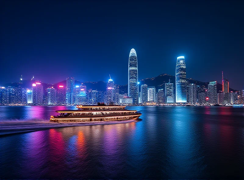 The Hong Kong skyline at night, with brightly lit skyscrapers and Victoria Harbour in the foreground.