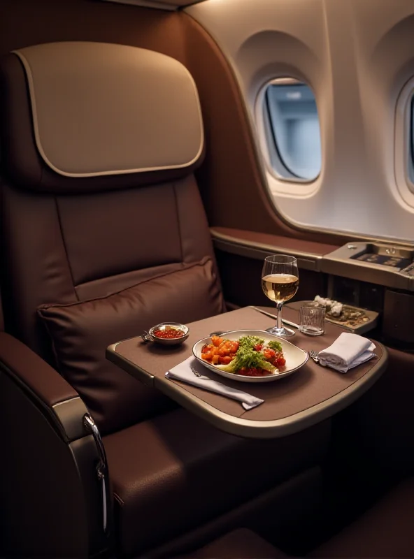 A luxurious business class airplane seat with a table set for a meal, showcasing the amenities and comfort of premium travel.