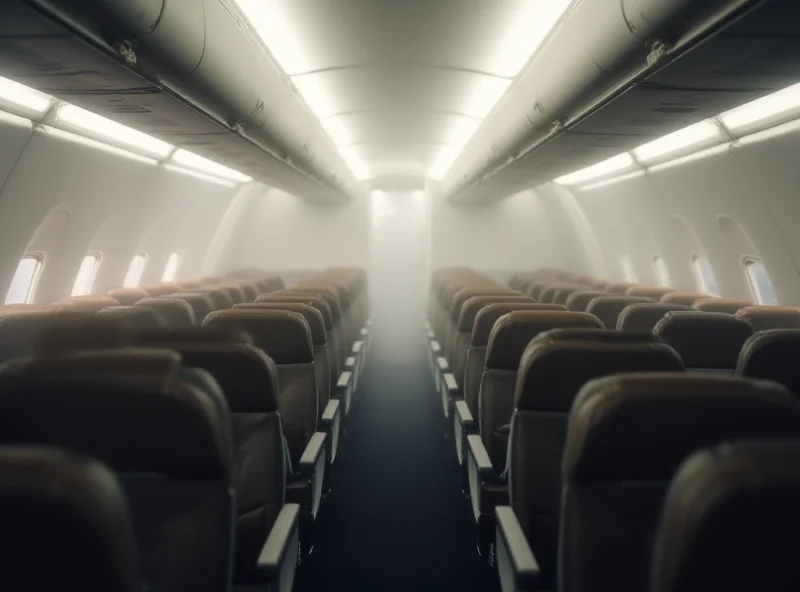 Interior of an airplane cabin with soft lighting, focusing on empty seats and overhead compartments. A sense of quiet and anticipation hangs in the air, but there's also a subtle undercurrent of unease, hinting at the unexpected events that could unfold during a flight.