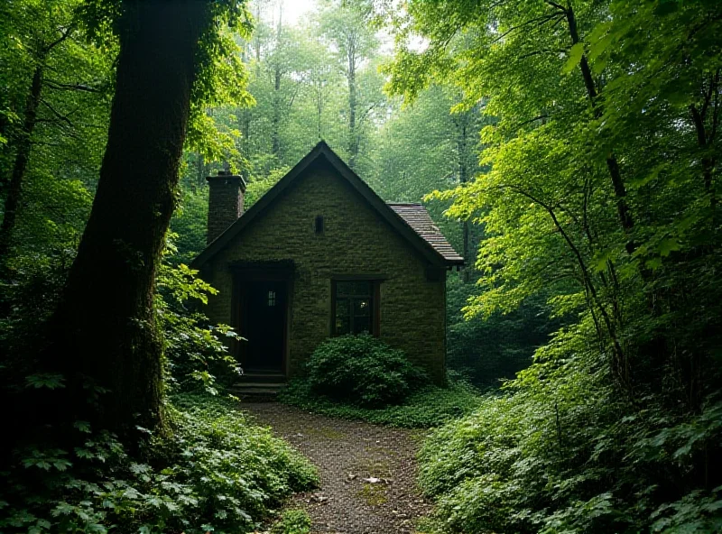 A slightly spooky, three-bedroom cottage nestled deep within a dense, green forest in Wales. The cottage is made of stone and has a slightly overgrown appearance, with vines creeping up its walls. The atmosphere is mysterious and secluded, hinting at a rich history and perhaps a few secrets.