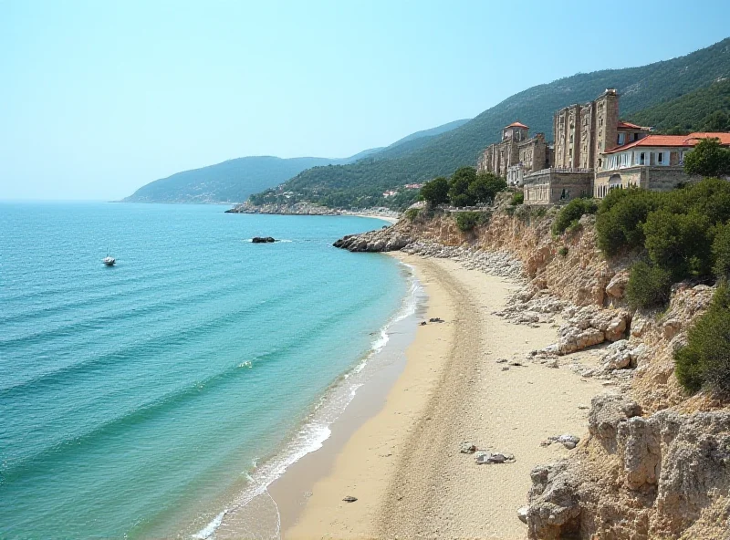 A wide shot of the Adriatic coastline, with a half-moon shaped beach in the foreground. In the background, the remnants of a large, once-grand resort are visible, showing signs of age and disrepair, but also hints of potential restoration and revitalization. The scene captures the beauty of the Adriatic and the historical significance of the resort.