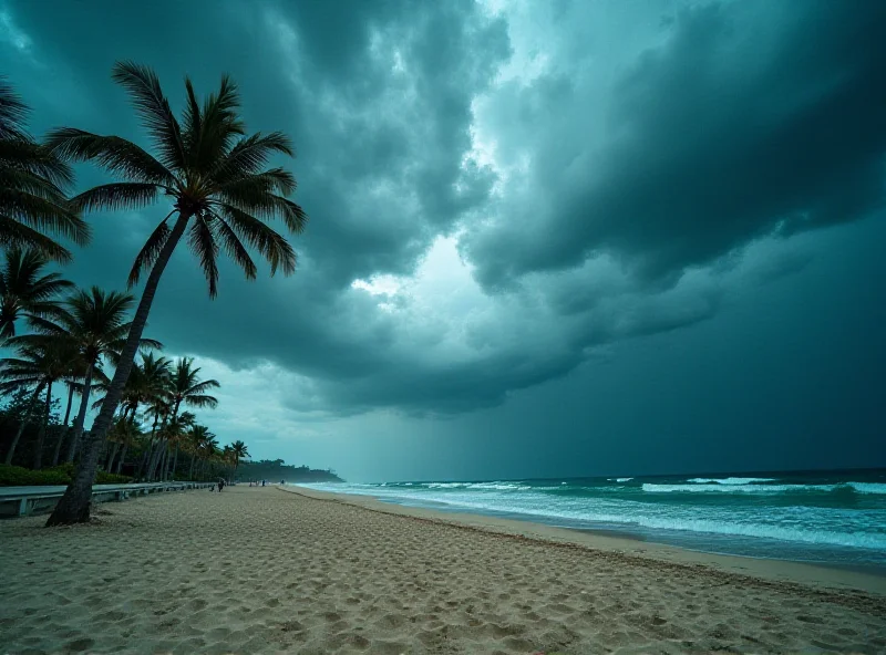 Image of a beach on the Gold Coast with dark storm clouds overhead, palm trees swaying in the wind.