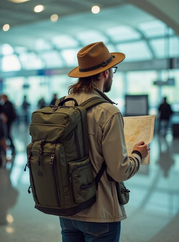 A traveler with a backpack looking at a map in an airport.