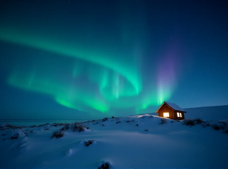 A vibrant display of the Aurora Borealis over a snowy Icelandic landscape.