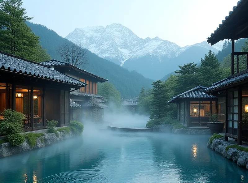 A serene onsen in Japan with snow-capped mountains in the background