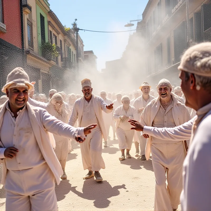 People celebrating Carnival in La Palma, covered in white powder.