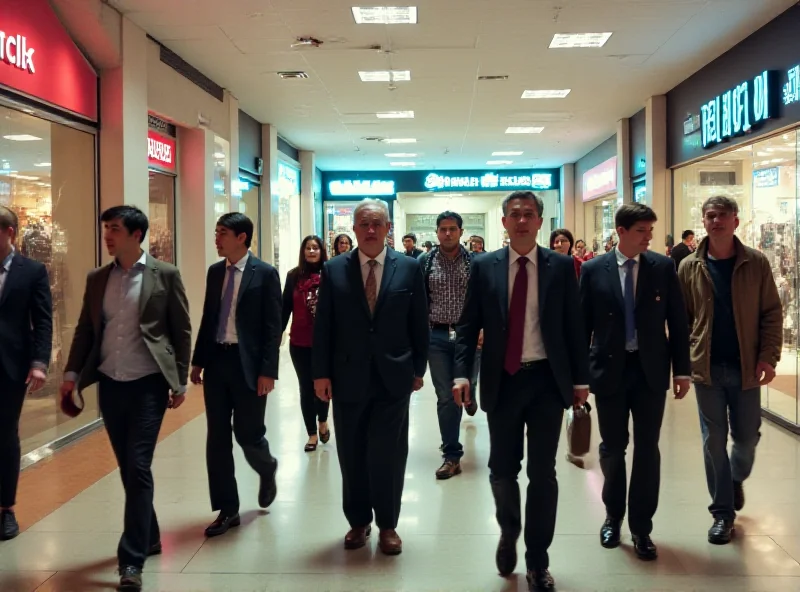 A group of British tourists being guided through a modern, brightly lit shopping center in North Korea.