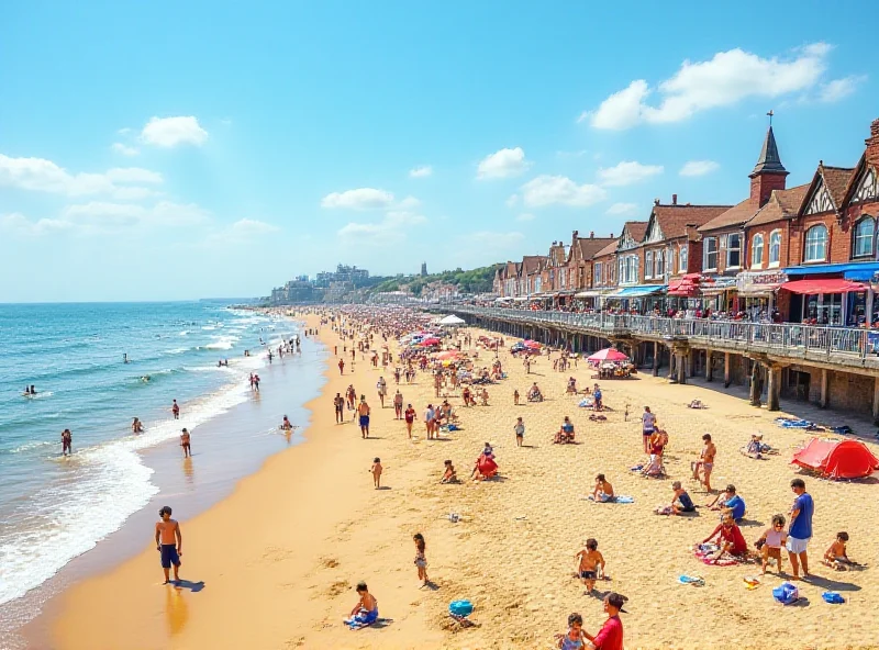 A vibrant and colorful photograph of a bustling seaside town in Merseyside, UK, with people enjoying the beach, promenade, and local shops on a sunny day.