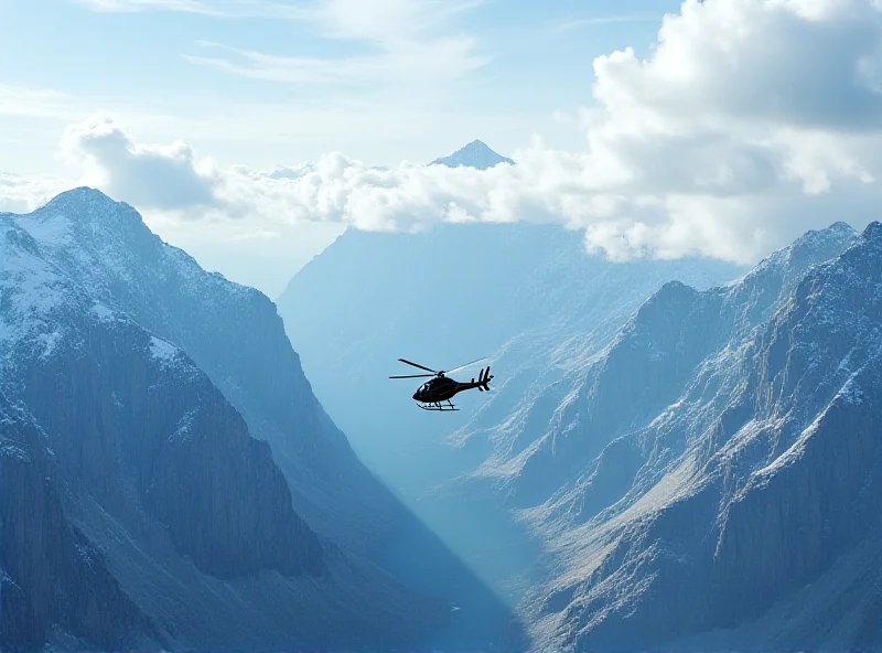 A dramatic landscape photograph of a mountain range with rescue helicopter flying over it.