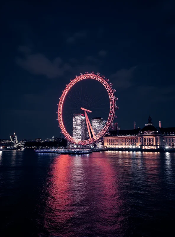 The London Eye lit up at night, with the River Thames reflecting the lights and the London skyline in the background.