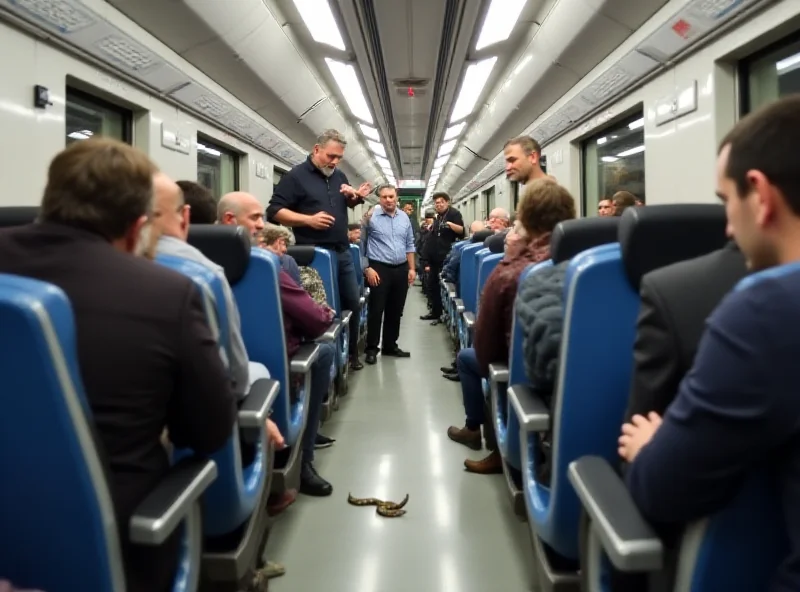 AI generated image of a chaotic scene inside a modern high speed train in Italy, featuring startled passengers and a small snake slithering on the floor.