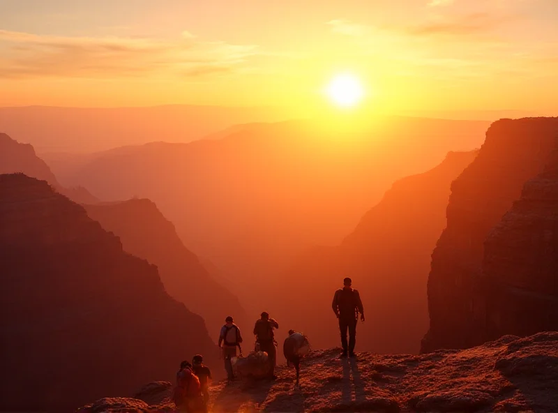 AI generated image of the Grand Canyon at sunset, with long shadows and a sense of vastness. In the foreground, a small group of tourists struggles to find a park ranger to assist them, conveying a sense of understaffing.