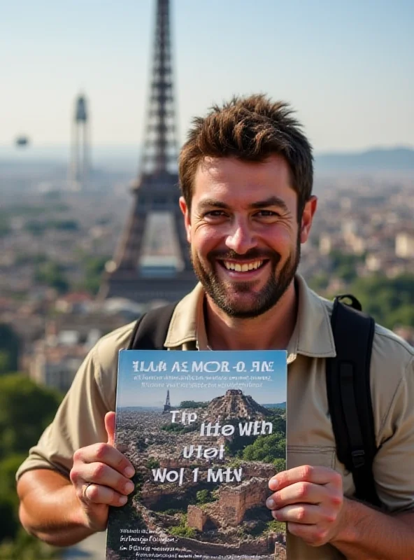 AI generated image of Nomadic Matt smiling and holding a copy of his new book, 'How to Travel the World on $75 a Day,' in front of a backdrop of iconic world landmarks like the Eiffel Tower and the Great Wall of China.