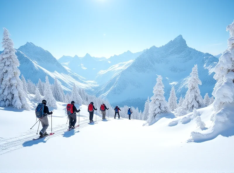 Ski touring park in the Alps with skiers ascending a slope