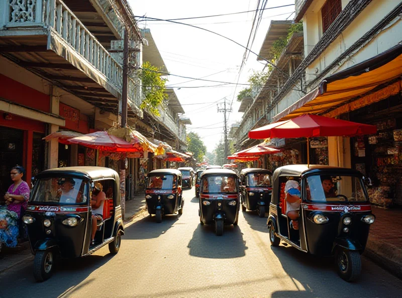 A busy street scene in Pattaya, Thailand with tuk-tuks and street vendors.