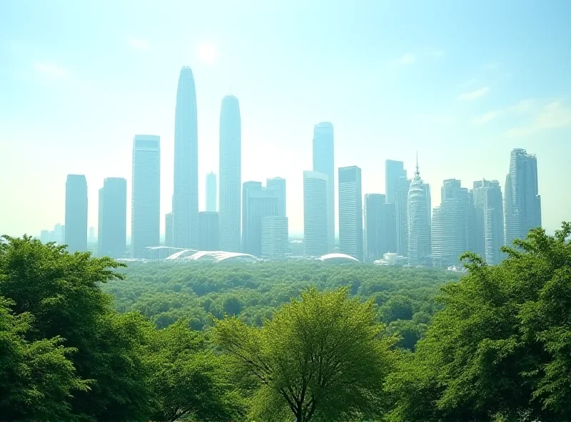 Modern skyscrapers of Singapore's skyline with lush greenery in the foreground.