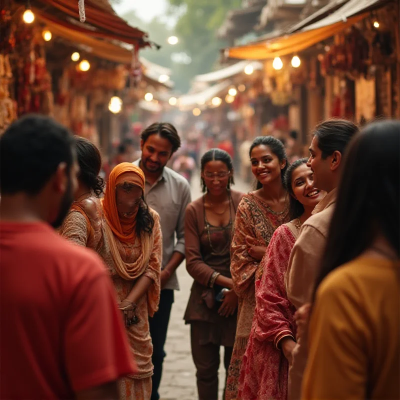 A diverse group of people smiling and interacting in a bustling marketplace in an Asian country.