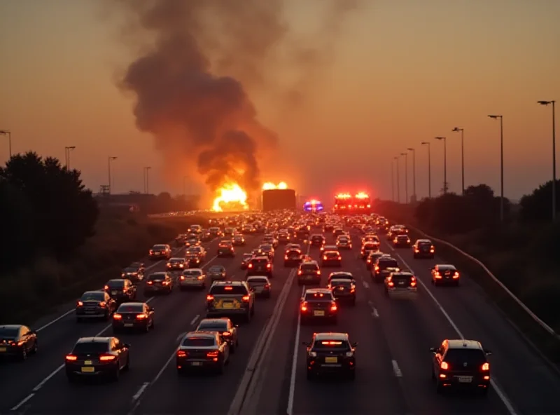 A long line of cars is stuck in traffic on a busy motorway, with smoke rising from a burning coach in the distance. Fire trucks and emergency vehicles are present.