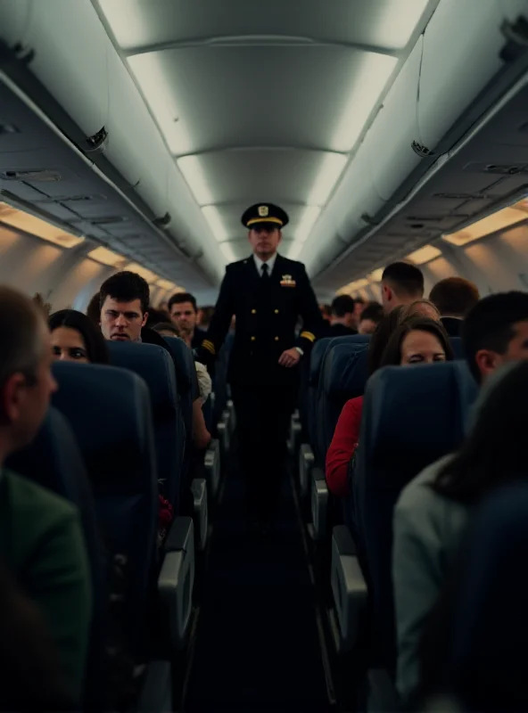 Interior of an airplane cabin. People are in their seats looking concerned. A pilot in uniform is talking to a passenger in the aisle.