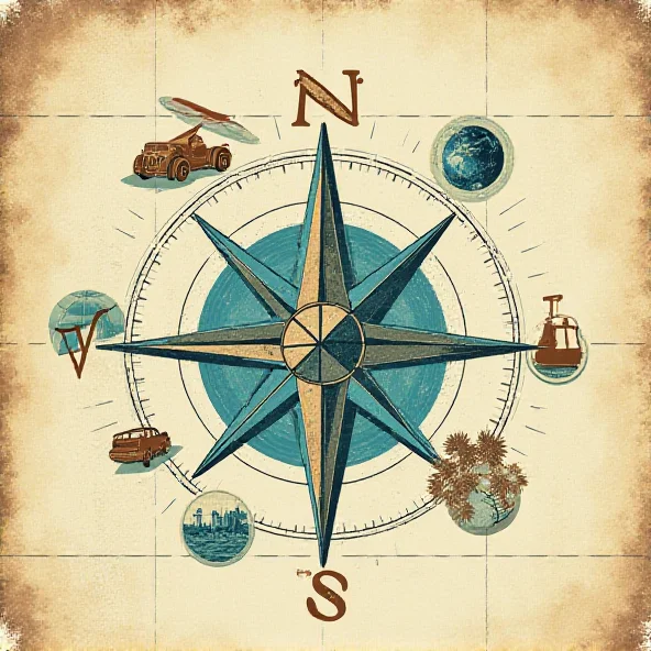 A stylized compass rose with various travel icons surrounding it, including a plane, a car, a beach umbrella, and a suitcase. The background is a faded map.