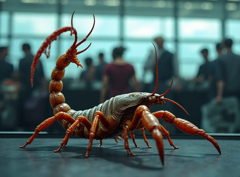 Illustration of a scorpion lurking near luggage at an airport carousel.