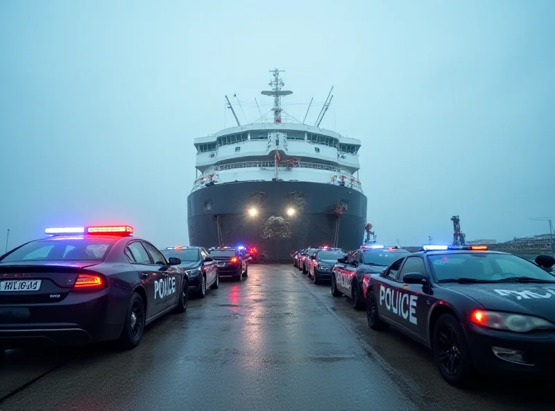 Exterior of a Stena Line ferry docked at port with police cars visible.