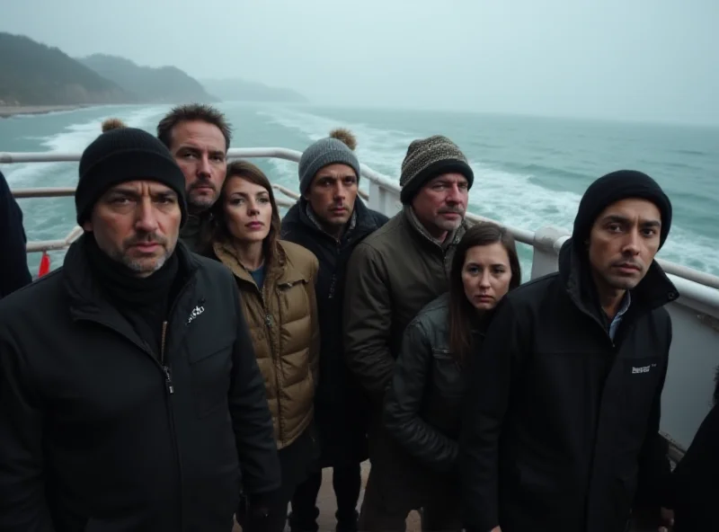 People looking somber and concerned on a ferry deck.